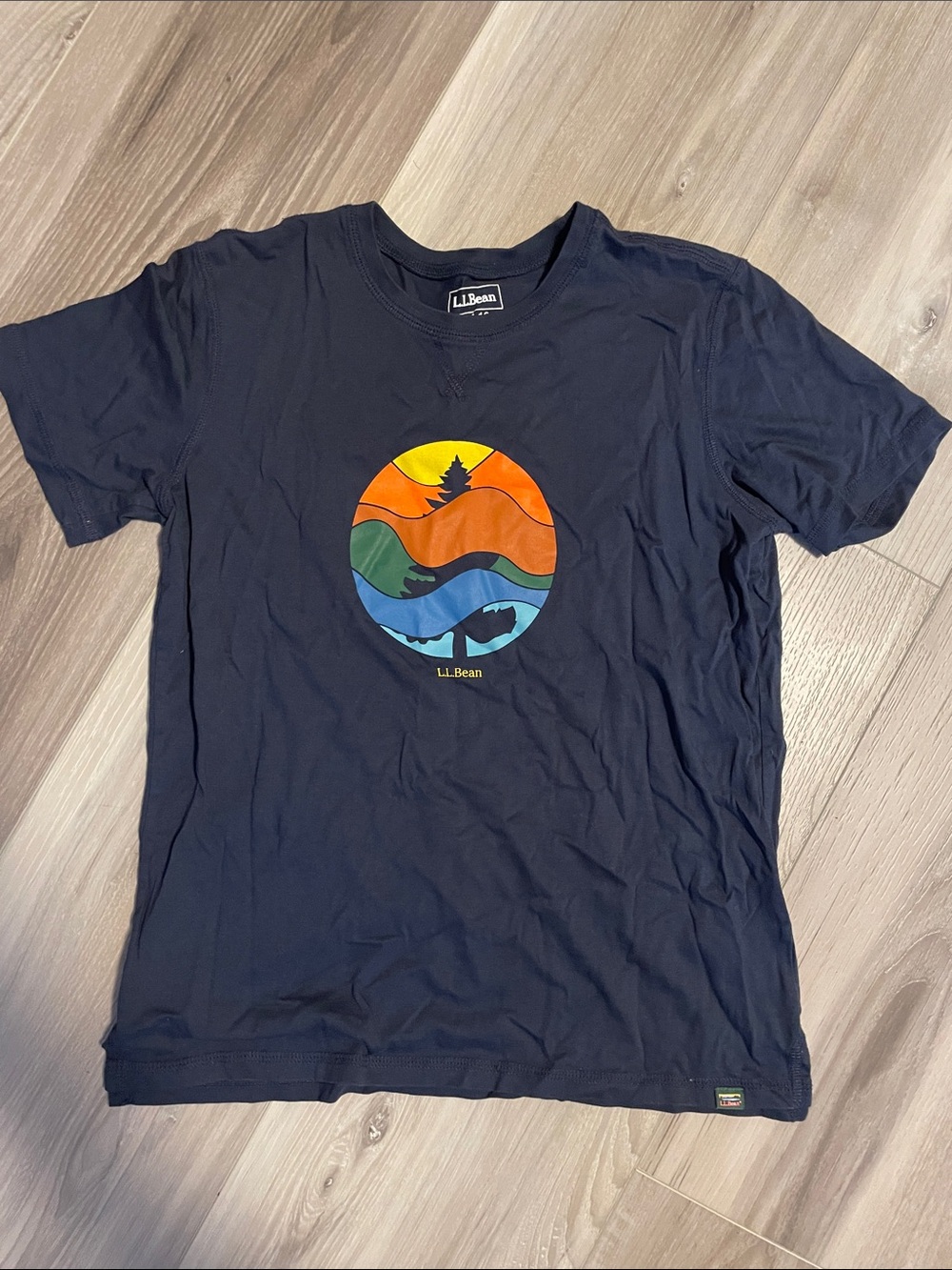 L.L. Bean Navy Short Sleeve Graphic Tee with Sunset Nature Emblem